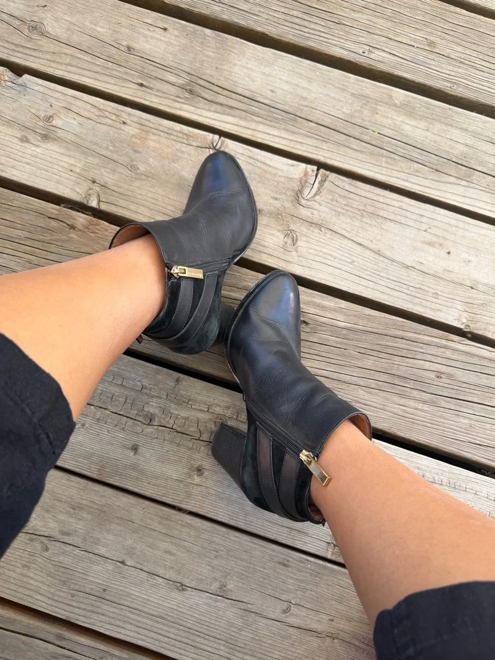 Louise et Cie Black Leather Ankle Booties with Gold Zipper Accent